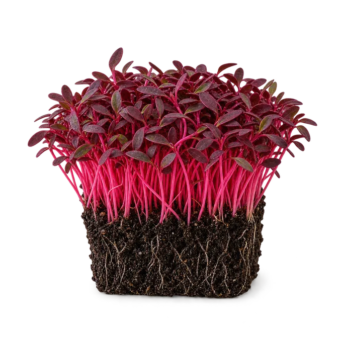 Red garnet amaranth microgreens in the tray, uncut