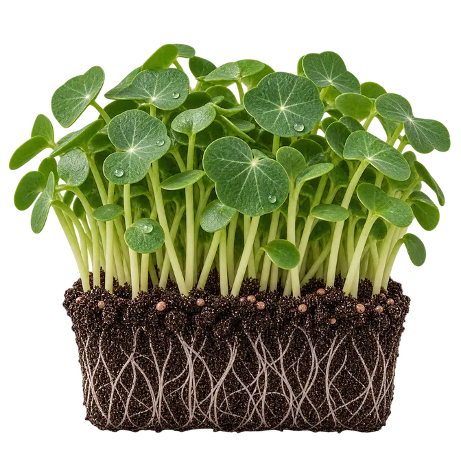 Nasturtium microgreens in the tray, uncut