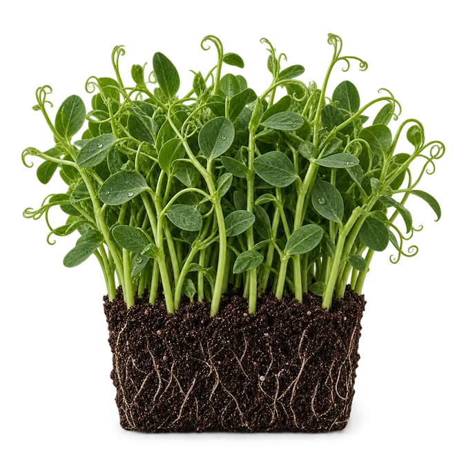 Pea shoot microgreens in the tray, uncut