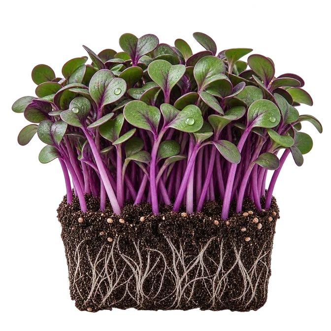 Red cabbage microgreens in the tray, uncut