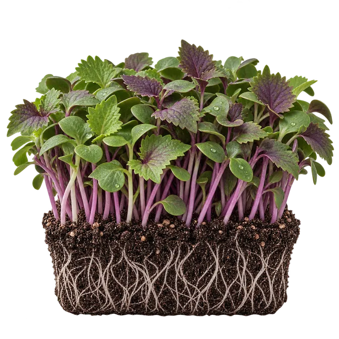 Green shiso microgreens in the tray, uncut