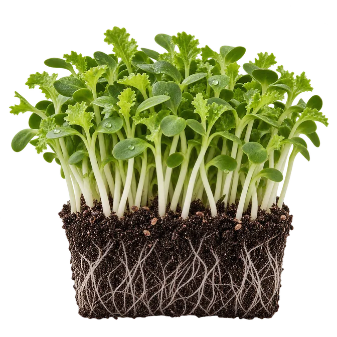 Wasabi mustard microgreens in the tray, uncut